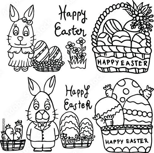 set of hand drawn rabbit bunny and easter eggs basket illustration isolated graphic element for coloring