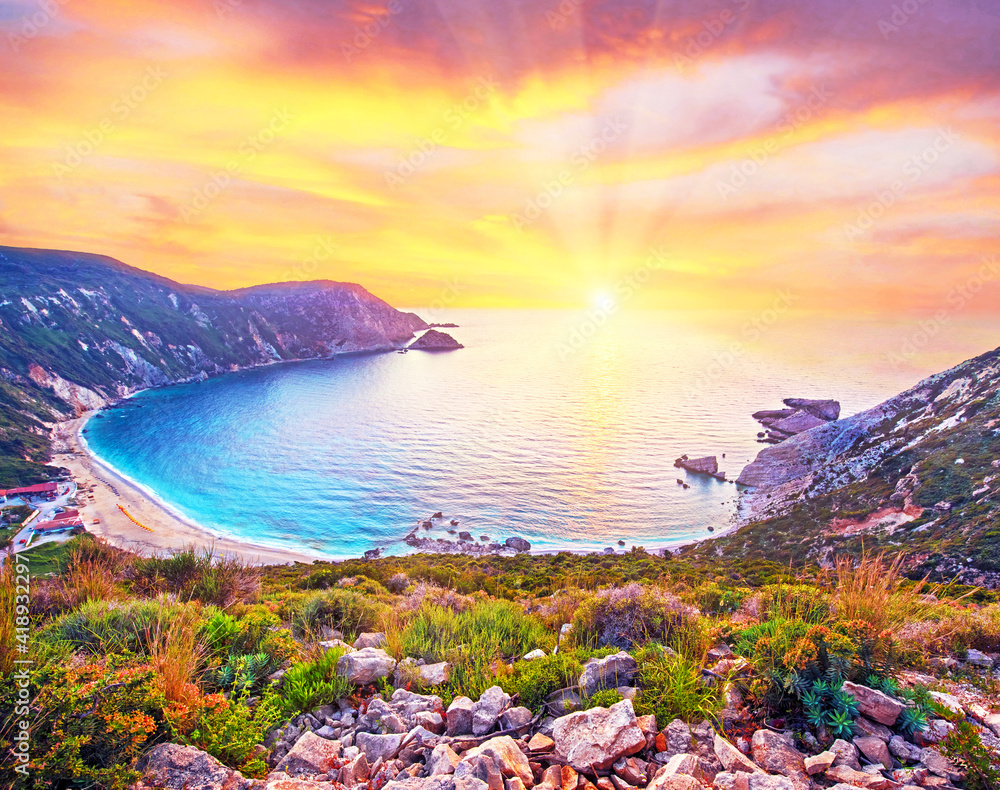 Fantastically fabulous mystical stunning magical landscape with the beach at sunset in Petani Beach, Kefalonia, Greece. Amazing places. Tourist Attractions.