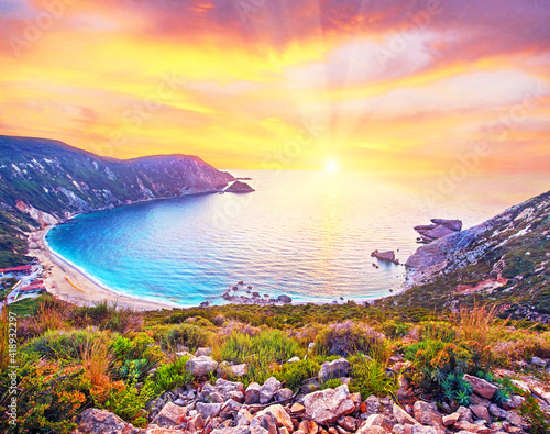 Obraz na płótnie Fantastically fabulous mystical stunning magical landscape with the beach at sunset in Petani Beach, Kefalonia, Greece. Amazing places. Tourist Attractions. w salonie