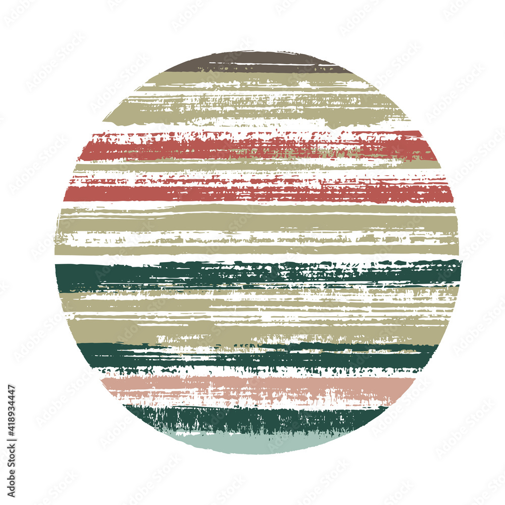 Hipster circle vector geometric shape with striped texture of paint horizontal lines. Old paint texture disc. Emblem round shape circle logo element with grunge background of stripes.