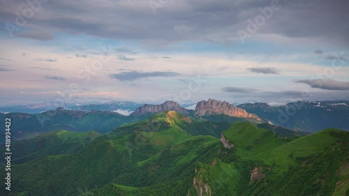 The formation and movement of clouds over the summer slopes of Adygea Bolshoy Thach and the Caucasus Mountains