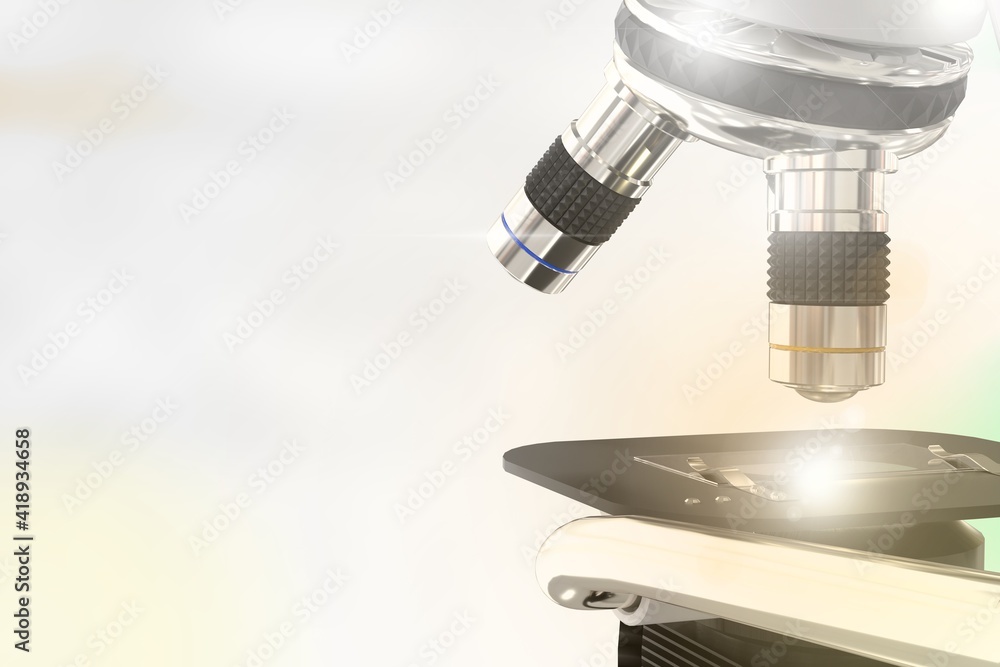 virus research concept, object 3D illustration -  lab modern scientific microscope with flare on selective focus background