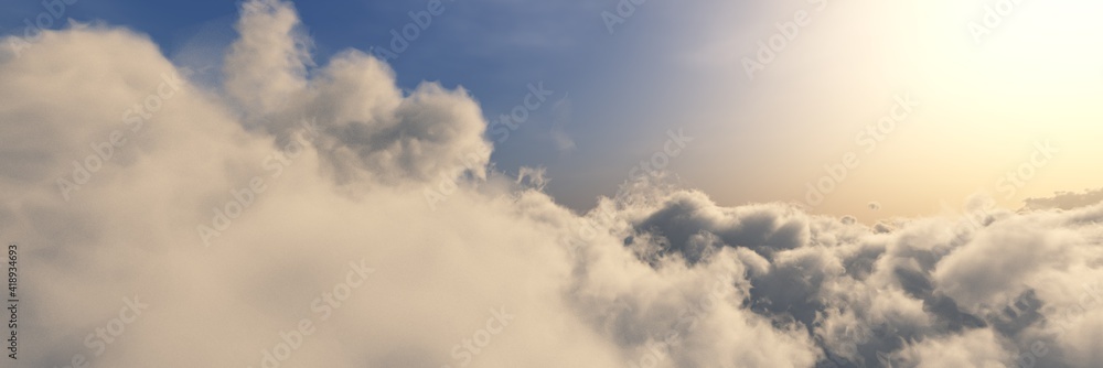 Fototapeta premium Clouds, cloudy background, sunrise above the clouds, panorama of clouds, 3d rendering