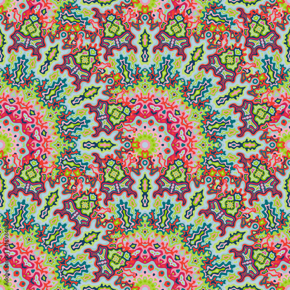 Fototapeta premium Mandala flower seamless ornament. Islamic folk vector graphic design. Weave vintage kaleidoscope geometric seamless pattern. Wrapping paper print.