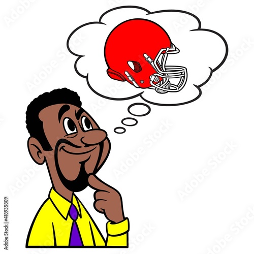 Man thinking about a Football Game - A cartoon illustration of a man thinking about a Football Game.
