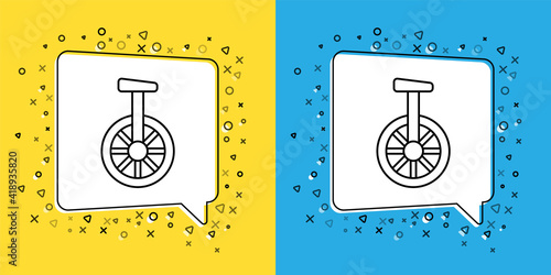 Set line Unicycle or one wheel bicycle icon isolated on yellow and blue background. Monowheel bicycle. Vector.
