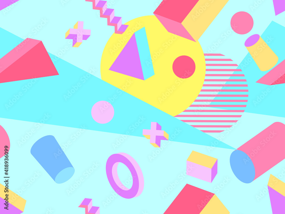 Fototapeta premium Memphis seamless pattern. Geometric elements memphis in the style of 80's. Trendy retro background for printing on paper, advertising materials and fabric. Vector illustration