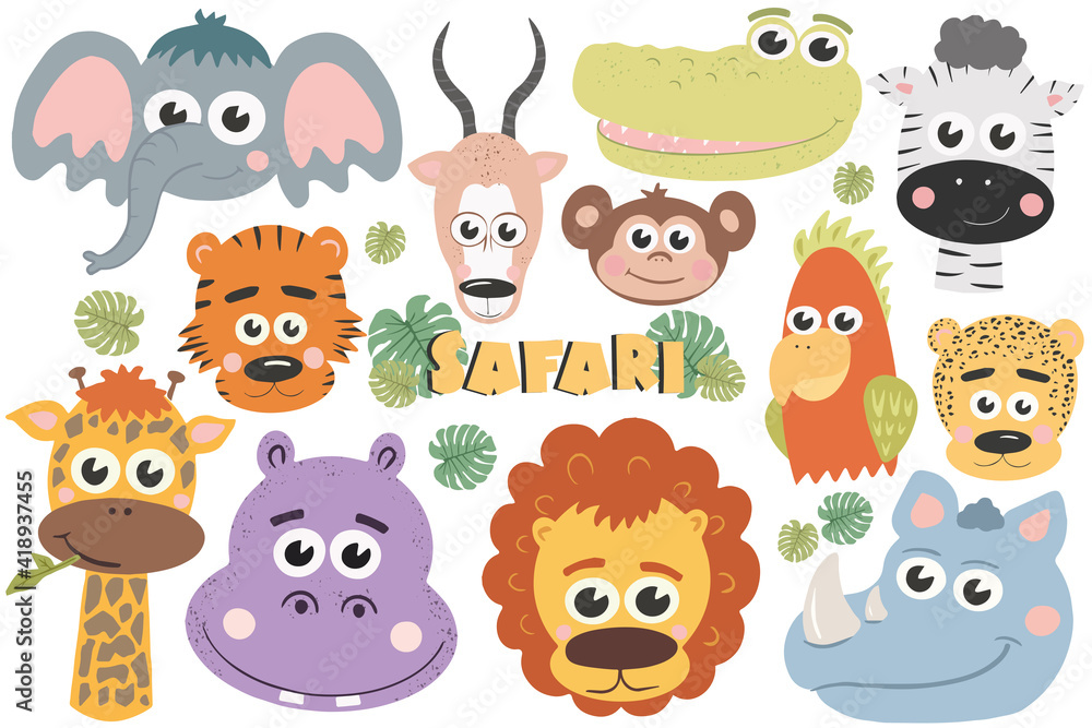 Naklejka premium Safari and zoo illustration. Cute cartoon cute wild animal. African safari. Vector illustration for children. Can be used at school or children’s bedrooms.