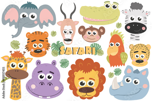 Safari and zoo illustration. Cute cartoon cute wild animal. African safari. Vector illustration for children. Can be used at school or children   s bedrooms.