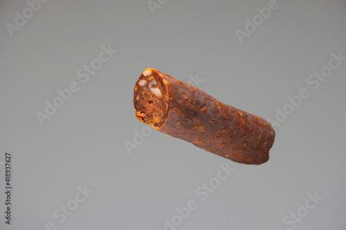 Home made Hungarian style smoked spicy salami close up studio shot isolated on gray background