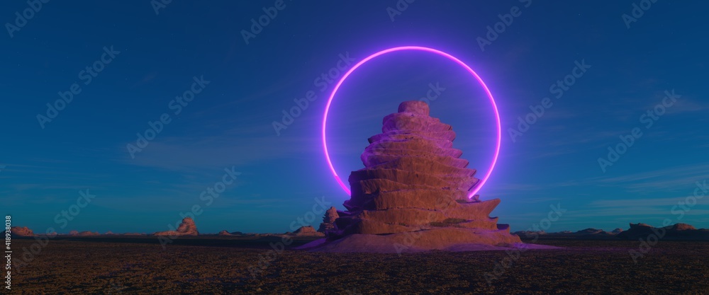 Strange stone artefact with purple glowing neon ring against blue sunset sky with stars. Fantastic scene. Unexplored planet. 3D illustration.