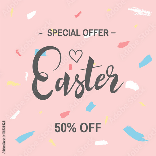 Easter Sale banner design with hand drawn lettering and abstract modern pink background. Special offer 50  off. - Vector