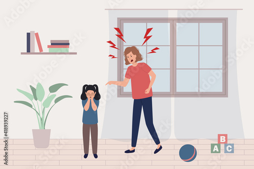 Child abuse concept. Mother scream and shout on little scared girl, kid is afraid and closes her eyes with hands. Domestic violence, despotic parent, psychological abuse. Flat vector illustration.