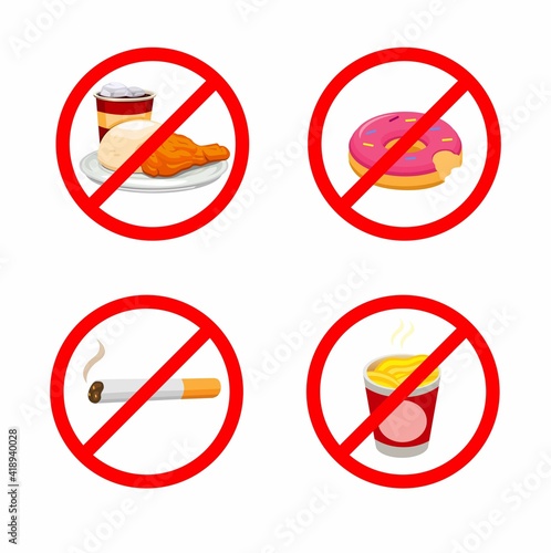 No junkfood and smoking for dieting and fasting activity symbol set. concept in cartoon illustration vector isolated in white background