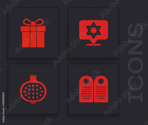 Set Tombstone with star of david, Gift box, Star David and Pomegranate icon. Vector.