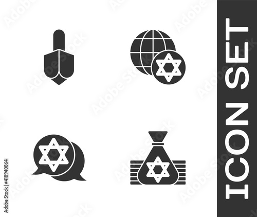 Set Jewish money bag, Hanukkah dreidel, Star of David and World Globe and Israel icon. Vector.