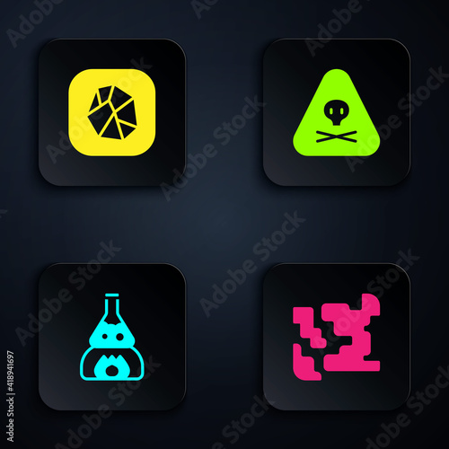 Set Gaseous, Salt stone, Test tube flask fire and Triangle warning toxic. Black square button. Vector.