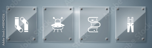 Set Pants with suspenders, Book, UFO flying spaceship and Socks. Square glass panels. Vector.