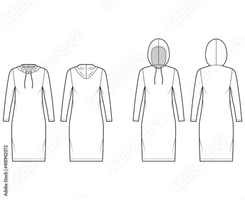 Set Hoody dresses technical fashion illustration with long sleeves, knee length, oversized body, Pencil fullness. Flat sweatshirt apparel template front, back white color. Women, men unisex CAD mockup