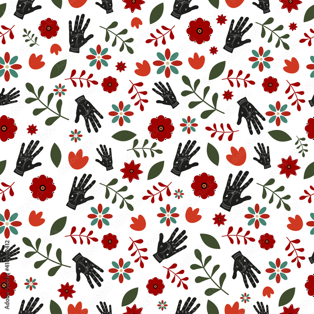 Magic hand pattern. Tattoo ethnic hand with flowers, endless vector texture on white background. Magic hand pattern. Tattoo ethnic hand with flowers, endless vector texture on white background.