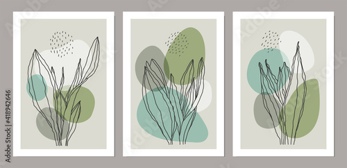 Set of minimalist botanical line art compositions with leaves abstract collage