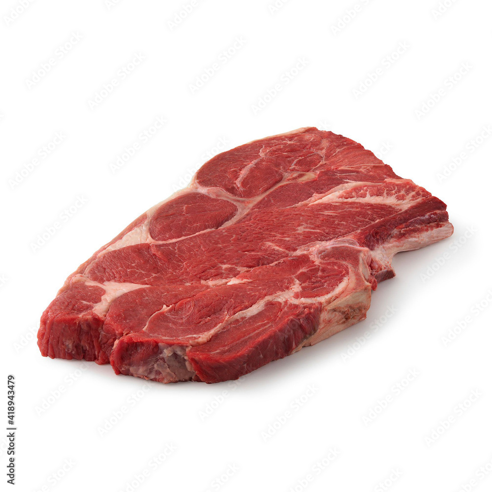 Close-up view of fresh raw 7 Bone Chuck Steak Chuck Cut in isolated white background