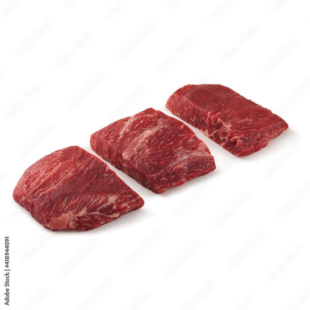 Fototapeta premium Close-up view of fresh raw Flat Iron Steak Chuck Cut in isolated white background