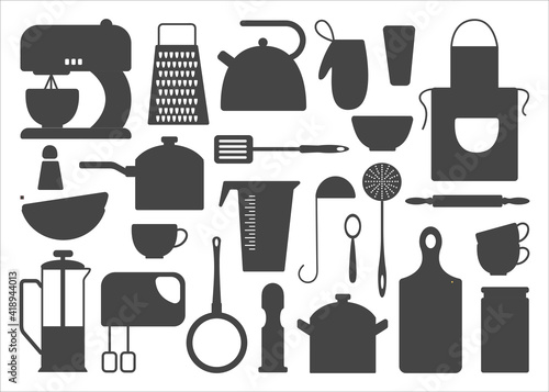 Kitchen tools silhouette set. Kitchenware collection. Black cooking tools, utensils, cutlery isolated on white background. Monochrome vector illustration