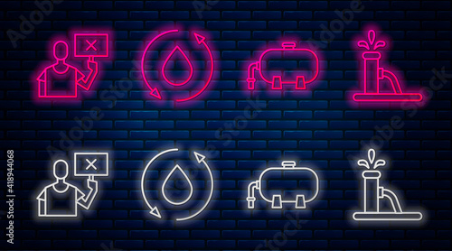 Set line Oil drop, Oil industrial factory building, Nature saving protest and Oil pump or pump jack. Glowing neon icon on brick wall. Vector.
