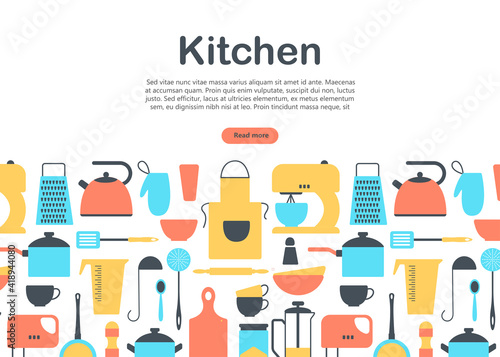 banner, flyer. Kitchen tools . Kitchenware collection. cooking tools, utensils, cutlery isolated on white background. vector illustration