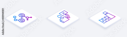 Set Isometric line Molecule oil, Nature saving protest and Oil industrial factory building. White square button. Vector.