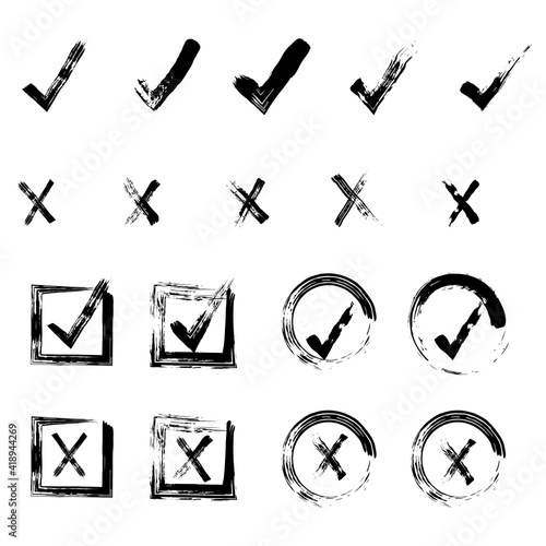 Check the drawn check mark, the check mark and cross icons, the check mark OK and X icons, YES and NO characters, chalk icons chalk, sketches, checklist tags. Vector