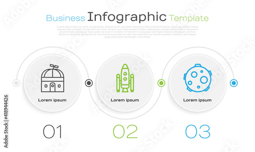 Set line Astronomical observatory, Space shuttle and rockets and UFO abducts cow. Business infographic template. Vector.