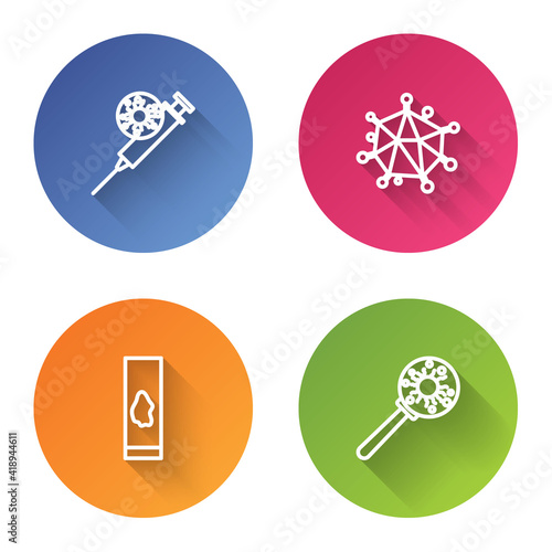 Set line Syringe and virus, Virus, Blood test and under magnifying glass. Color circle button. Vector.