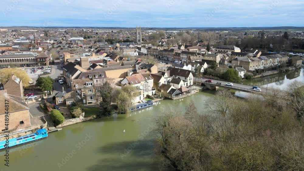 St Neots town river side and bridge in Cambridgeshire UK Aerial footage St Neots town river side and bridge in Cambridgeshire UK Aerial footage