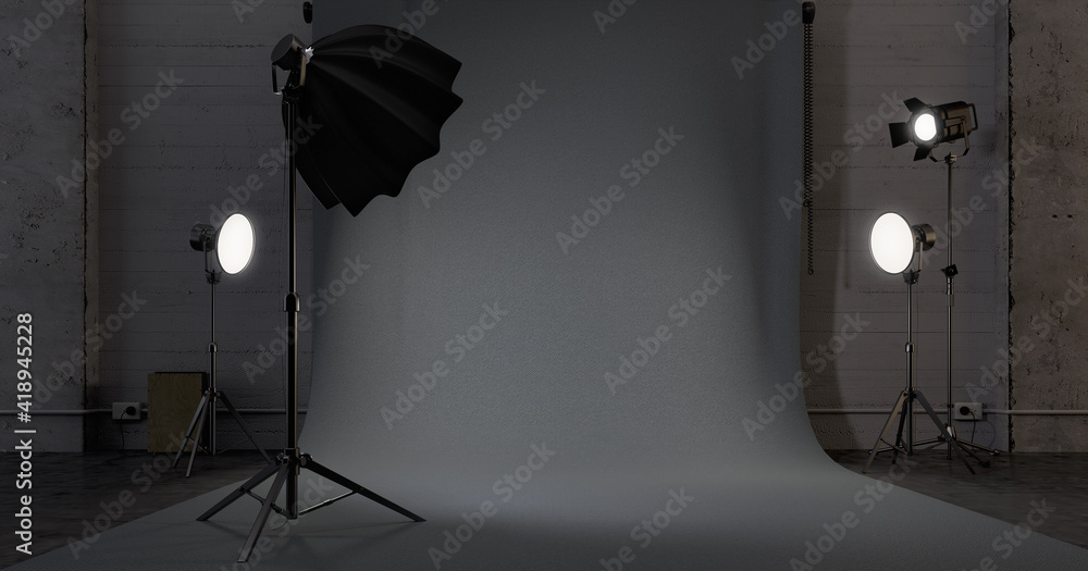 Empty studio with lighting equipment and background for mock up3d rendering