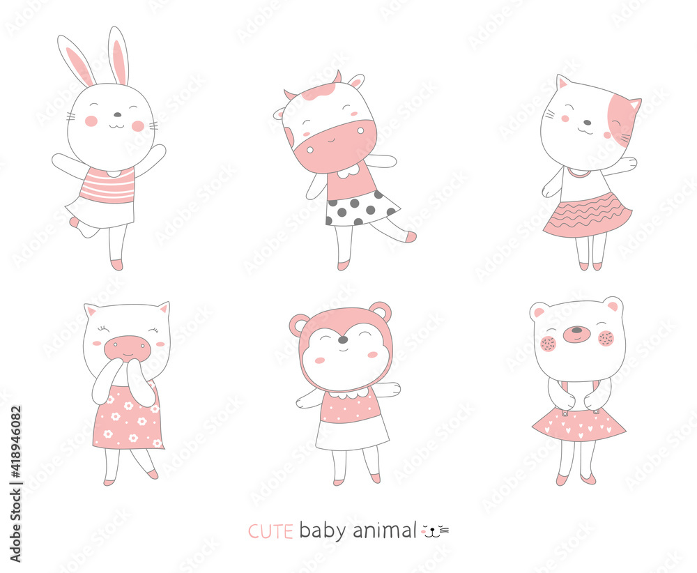 Cartoon sketch the lovely face baby animals. Hand drawn style. Cartoon sketch the lovely face baby animals. Hand drawn style.