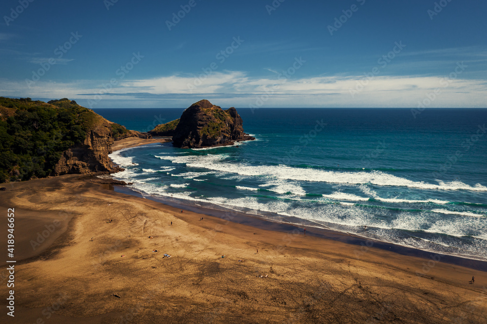 The lovely Piha beach around the famous Lion Rock, New Zealand