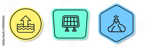 Set line Rise in water level, Solar energy panel and Volcano eruption with lava. Colored shapes. Vector.