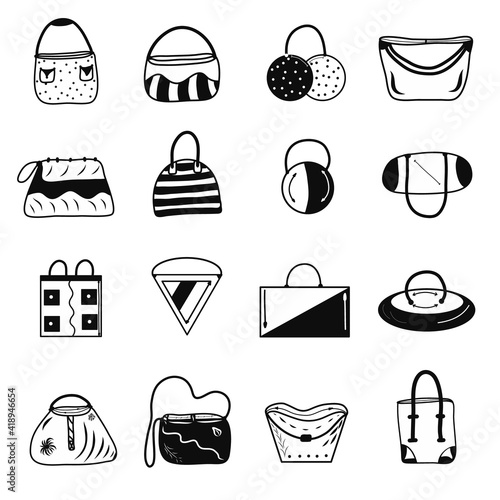 Set of handbags icons. Idea for decors, logo, gifts, ornaments, patterns, fashion and clothes themes. Isolated vectors. 
