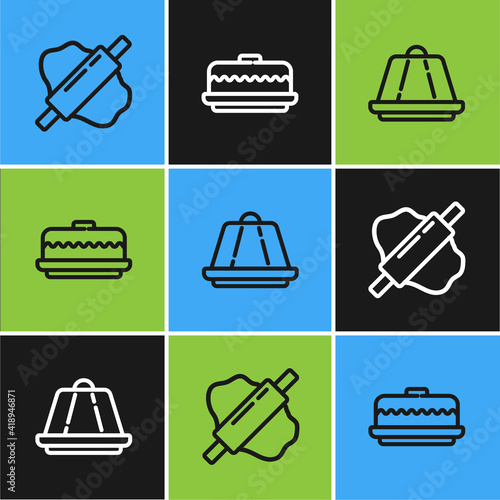 Set line Rolling pin on dough, Pudding custard and Cake icon. Vector.