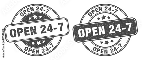 open 24 7 stamp. open 24 7 label. round grunge sign
