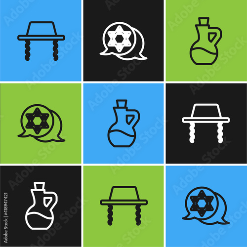 Set line Orthodox jewish hat, Bottle of olive oil and Star David icon. Vector.
