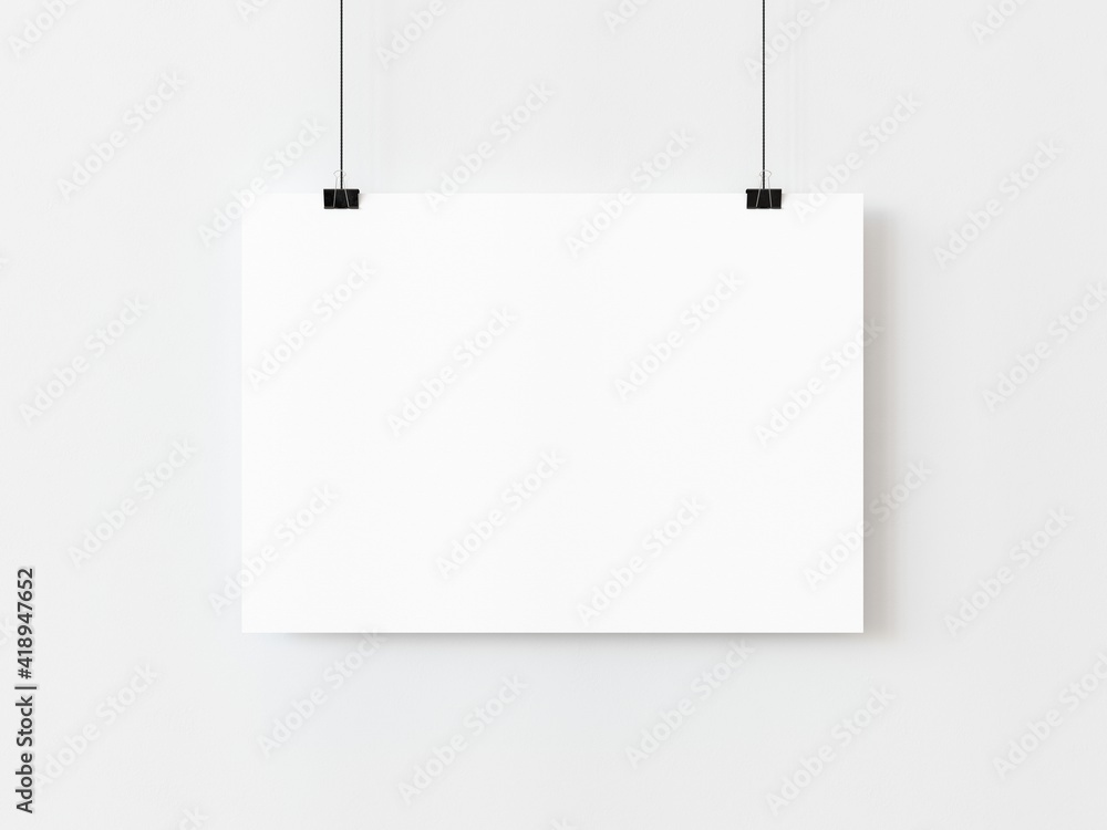 One blank horizontal rectangle poster template hanging on thread with paper clips on white background. 3D illustration - obrazy, fototapety, plakaty 