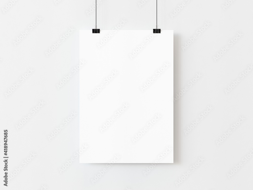 One blank vertical rectangle poster template hanging on thread with paper clips on white background. 3D illustration One blank vertical rectangle poster template hanging on thread with paper clips on white background. 3D illustration