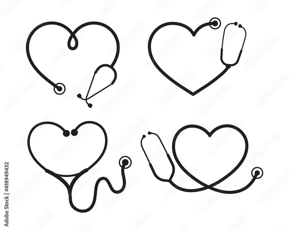 Vector nurse stethoscope silhouette Heart shaped stethoscope line frame