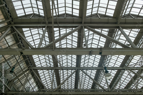 Glasgow central station roof construction. Old architecture detail.