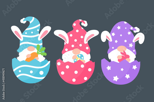 Cute gnomes wearing bunny ears hold carrots and colorful eggs in Easter. Isolated on background