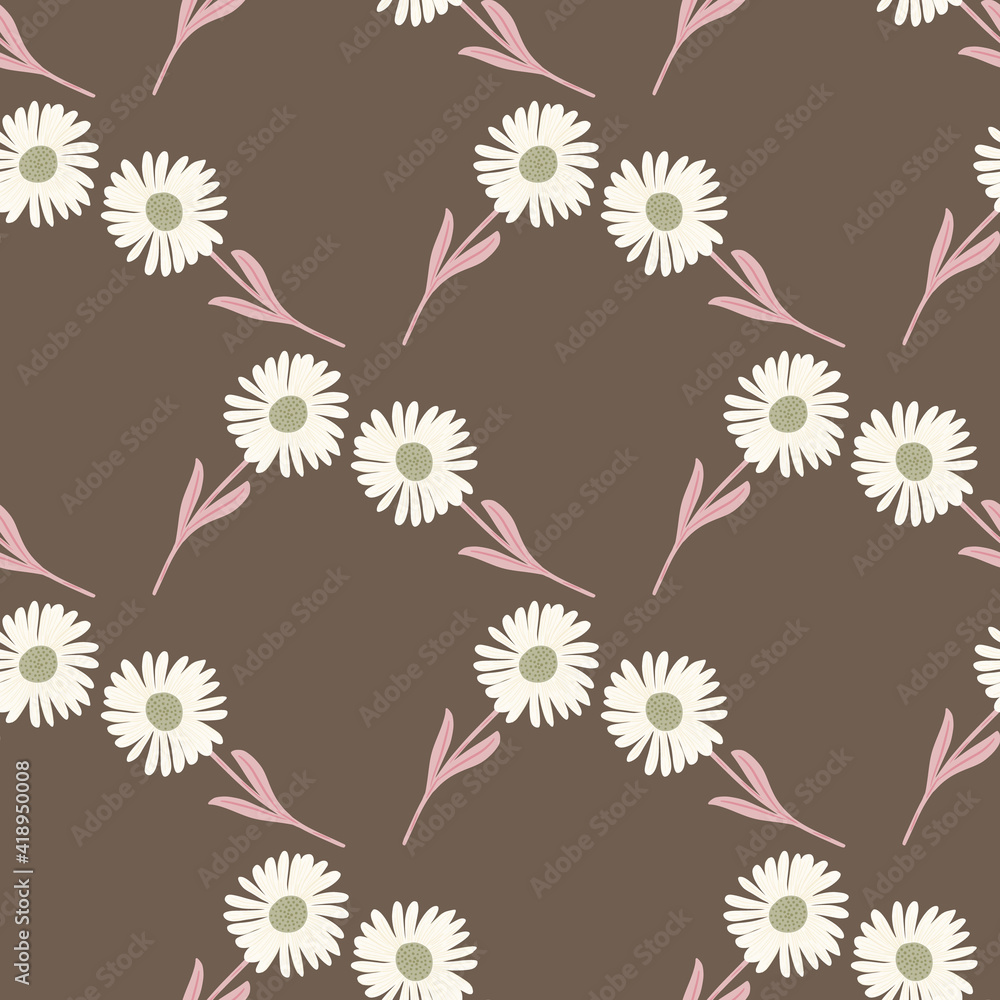 Geometric style seamless pattern with white colored chrysanthemum ornament. Brown background. Blossom backdrop. Geometric style seamless pattern with white colored chrysanthemum ornament. Brown background. Blossom backdrop.