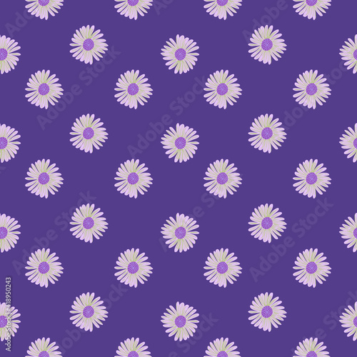 Abstract retro seamless pattern with daisy flowers doodle silhouettes. Purple background. Simple style ornament.